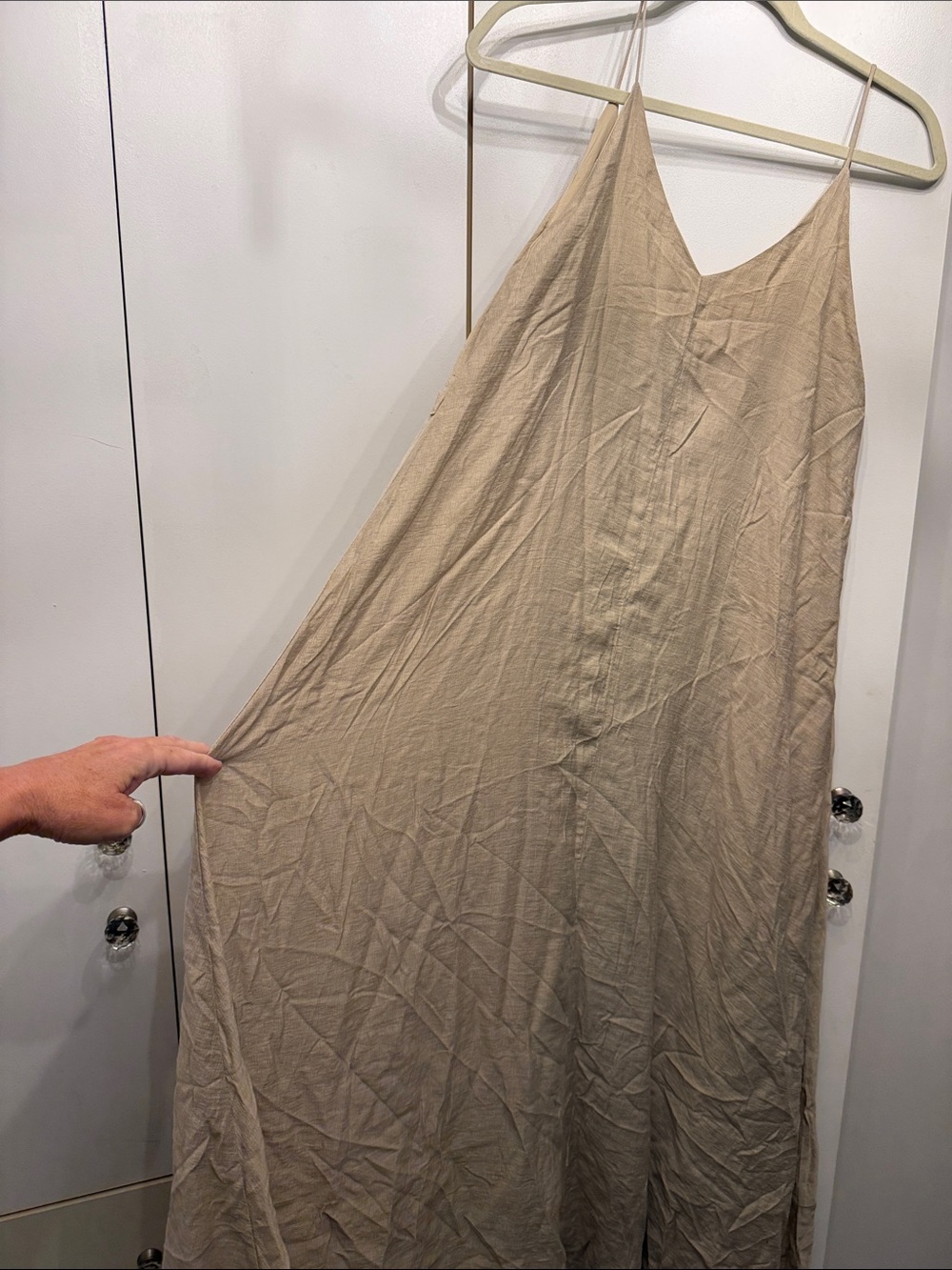 Neutral oatmeal linen-like Slip Dress with Spaghetti Straps